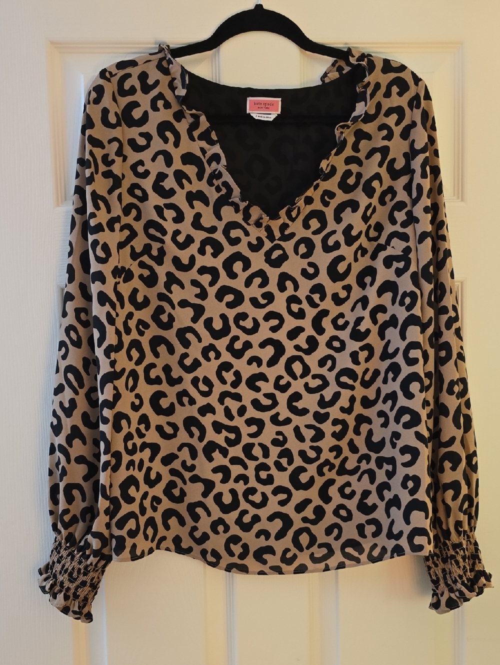 Kate Spade Tan and Black Leopard Print V-Neck Long Sleeve Top